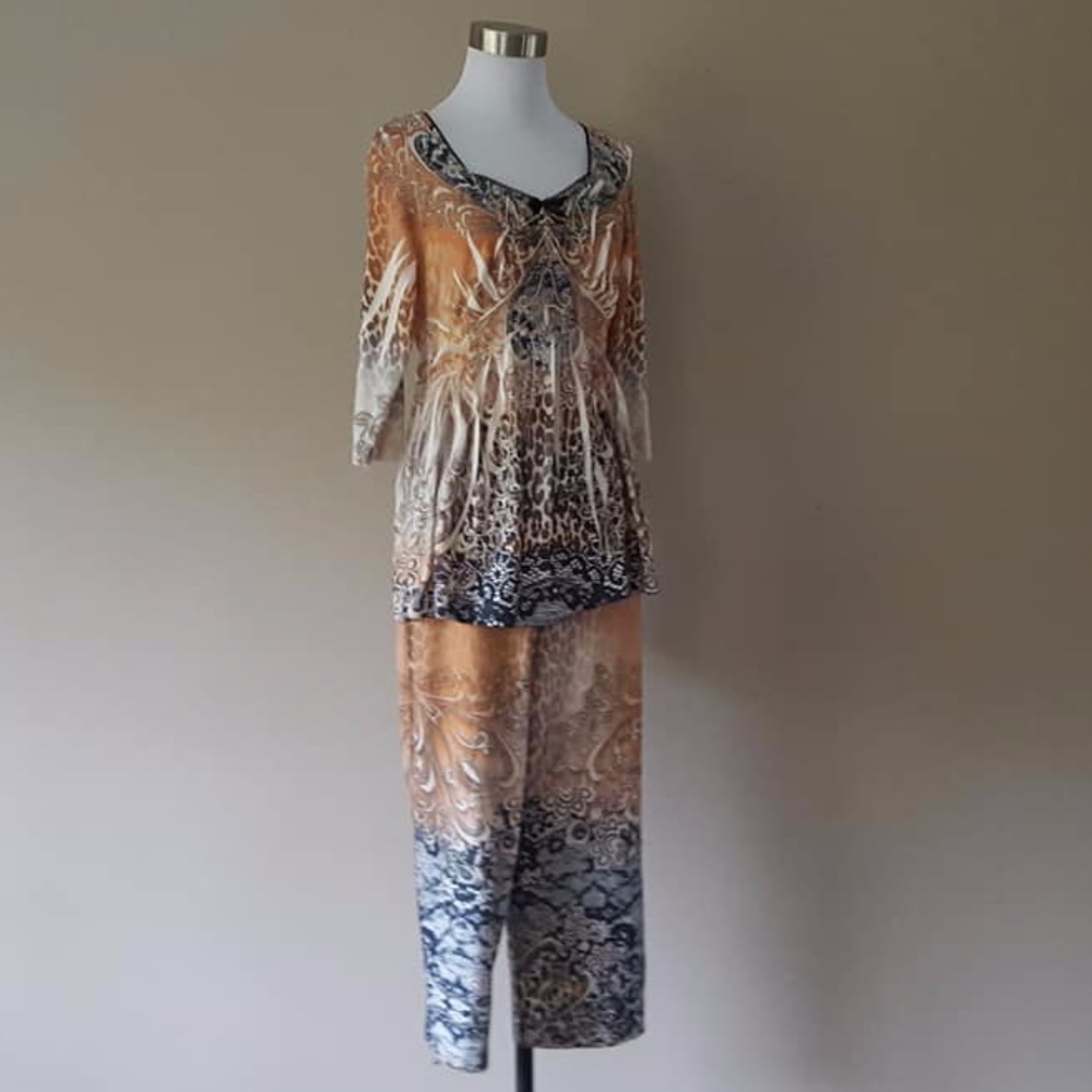 Lounge Set Leopard Print V Neck Elastic Pants Sm - image 1